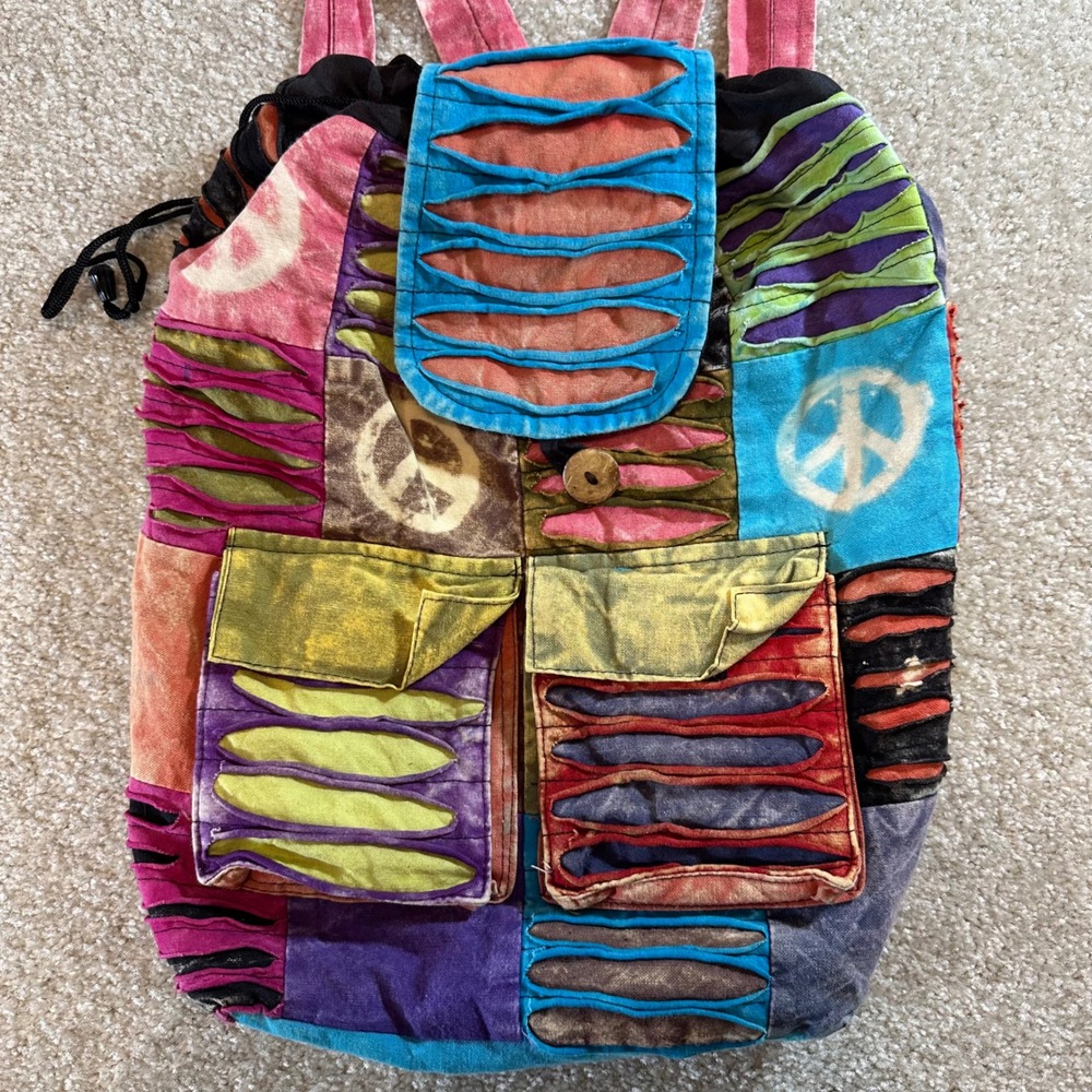 Patchwork Backpack Hippie Boho Drawstring Peace S… - image 2